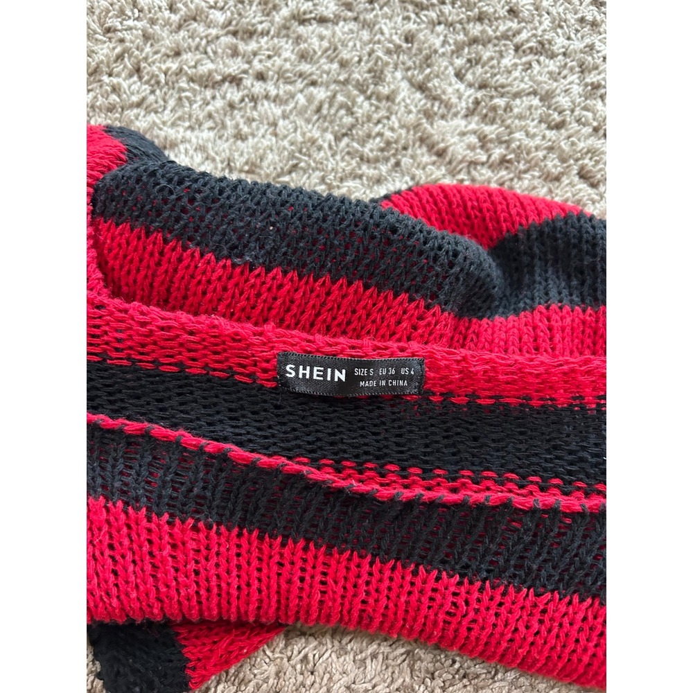 SHEIN Red Black Striped Distressed Loose Knit Punk Grunge Sweater Womens Small - Picture 4 of 6